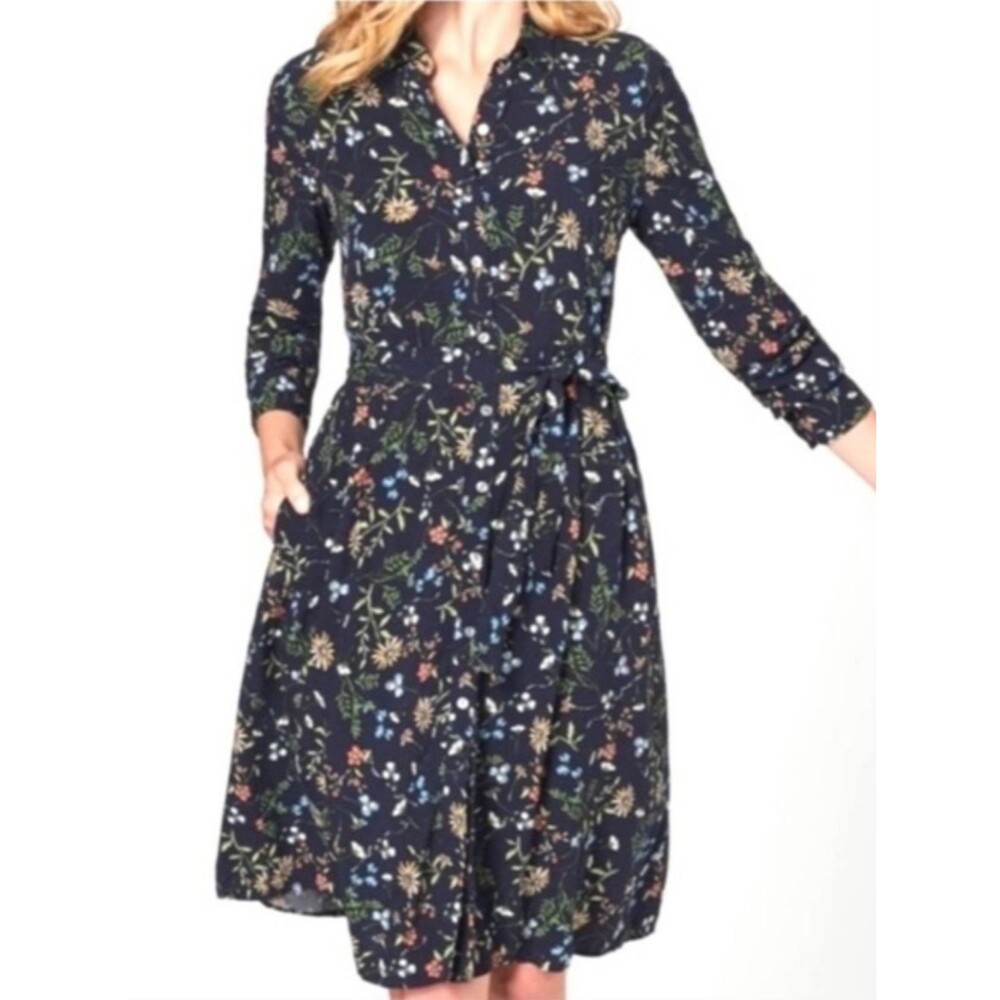 J. Jill Navy Floral Long Sleeve Tie Waist Dress